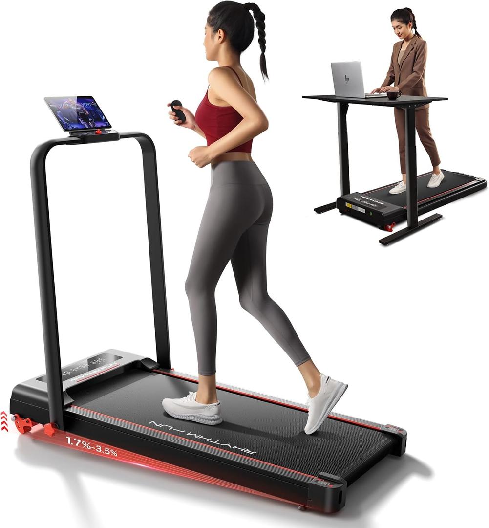 RHYTHM FUN 13% Incline Walking Pad Treadmill with Handles, 6.2MPH, Foldable | 3.9" Folded Height Space-saving, Easy Setup, 8.5"Side Handle

Bar, 0.6-6.2 mph, APP, Quiet, For Home Office Use