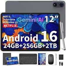 2026 12 Inch Tablet, Android 16 Tablet with Keyboard, 24GB+256GB+2TB Expand, 2K Gemini AI Tablets PC with 8-Core, 8000mAh, 5G WiFi, 16+8MP, GPS, 2 in 1 Large Tablets with Case