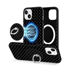 Jusy Compatible with Magsafe Polka Dot Phone Case for iPhone 13/ 14, Cute Aesthetic Magnetic Ring Holder Stand Case, Soft TPU and Hard PC Protective Phone Cover for Women Girls - Black Polka Dot
