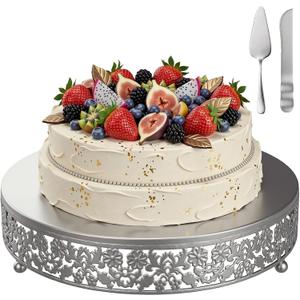 Wenqik 12 Inch Silver Cake Stand Set Metal Round Cupcake Dessert Stand with Cake Cutting, Flower Spatula Wedding Cupcake Pastry Display Candy Holder Display for Wedding Party Birthday Baby Shower