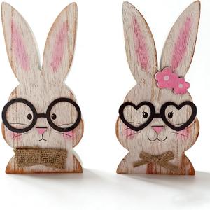 Wooden Easter Bunny Decorations Set of 2, Rustic Farmhouse Antique White Rabbit Shaped Tabletop Signs for Spring Easter Home Office Decor