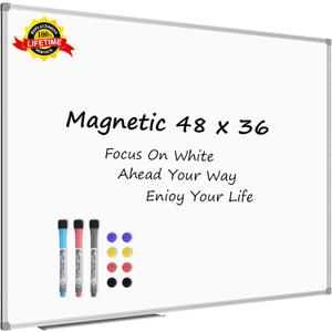 Lockways White Board Dry Erase Board 48 x 36 Inch, Magnetic Whiteboard 4 x 3, Silver Aluminium Frame, Set Including 1 Detachable Aluminum Marker Tray, 3 Dry Erase Markers, 8 Magnets
