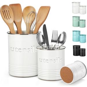 FoldTier 2 Pack Kitchen Utensil Holder for Counter 6.7"+4.7" Farmhouse Cooking Utensil Crock with Cork Bottom Modern Farmhouse Decors Countertop Storage Organizer Caddy Housewarming Gift (White)