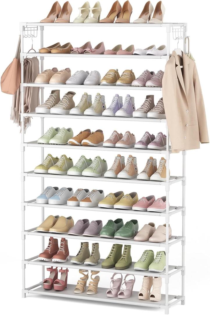 LANTEFUL 10 Tiers Shoe Rack 50 Pairs Large Capacity Tall Shoe Organizer Sturdy Shoe Storage with Two Hooks Space Saving Metal Wide Shoe Rack for Closet, Entryway, Bedroom, White (10 Tier-61.2" High-34" Wide)