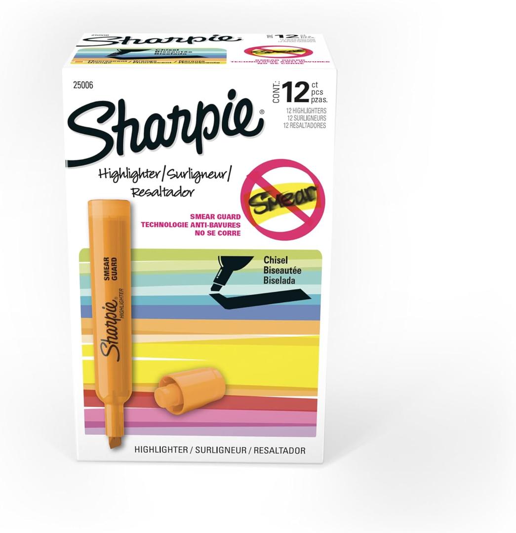 Sharpie Tank Style Highlighters, Chisel Tip, Fluorescent Orange, Box of 12