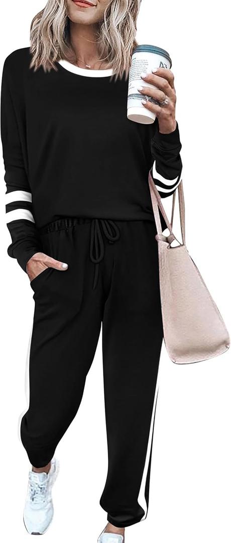 PRETTYGARDEN Women's Spring Fall 2 Piece Lounge Outfit Long Sleeve Crewneck Pullover Tops High Waisted Pants Set Tracksuit (Medium, Striped Black)