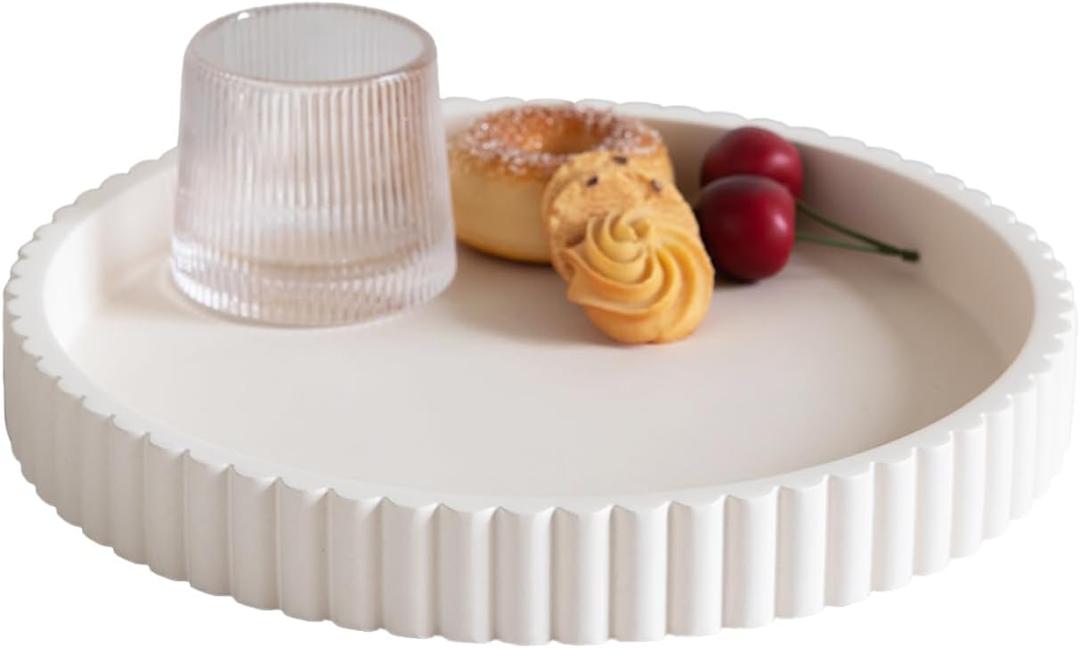 Decorative Tray for Coffee Table, Living Room, Side Table, 11" Cream White Round Concrete Home Decor Serving Trays for Accent Table, Console Table