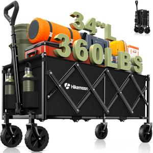 34'' Extra Long Collapsible Wagons Carts Foldable, 360LBS Heavy Duty Folding Beach Wagon Cart with Wheels, Portable Utility Outdoor Wagon for Grocery, Shopping, Garden, Sports, Camping, Black