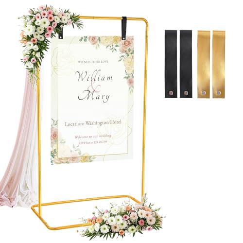 Wedding Welcome Sign Holder Personalized, Gold Welcome to Our Wedding Hanging Sign Holder with Leather Sign Straps, Easel Stand for Sign,Adjustable Wedding Seating Chart Stand