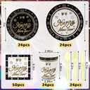 Mimorou 400 Pcs Happy New Year Disposable Tableware Set Black Gold Clock Paper Plates Napkins Cups Plastic Spoons Forks Knives New Year Eve Party Dinnerware Set for Christmas Lunar Years Party