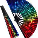 Grevosea Folding Hand Rave Fan for Women/Men, Large Bamboo and Nylon Cloth Handheld Fans, Chinease/Japanese Handheld Fans for Cooling Dance Decoration & Festival Events (Neon Light),Set of 4