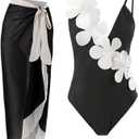 Women's 2 Pieces Sarong Swimsuit Set Sleeveless Floral Print Swimwear with Cover Up Bathing Suits Beachwear (X-Large, Black&white Floral)