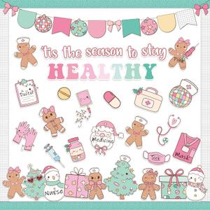 139Pcs Christmas Health Bulletin Board Decoration Set, Cute Gingerbread Man Nurse Paper Cutouts Cookie Name Tags Border Trims, Christmas Party Nursing School Classroom Supplies Wall Door Decor
