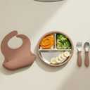 Stainless Steel Toddler Feeding Set 4 Pieces  Suction Plate, Silicone Bib, Spoon & Fork  Divided Plates for Baby Led Weaning, BPA-Free, Removable Shell (Mocha Mousse)