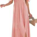 Happy Sailed Women's 2025 Summer Smocked Off The Shoulder Maxi Dresses Ruffle Short Sleeve A Line Side Slit Sundress (Medium, Pink)