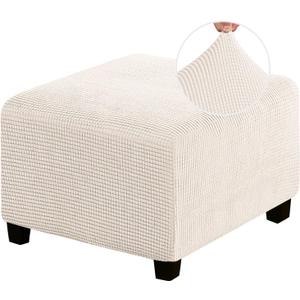PrinceDeco Stretch Ottoman Cover Ottoman Slipcovers Square for Living Room Foot Stool Stretch Covers to Fit Ottoman Foot Rest, Thick Checked Jacquard Fabric with Elastic Bottom (Medium Size, Ivory)