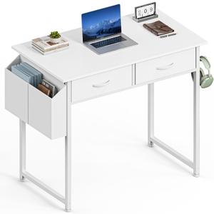 Sweetcrispy Computer Desk Small 32 Inch Home Office Bedroom Writing Study PC Table with Fabric Storage Drawers Space Side Bag Headphone Hook Metal Frame Adjustable Feet Modern Simple Style, White Wood