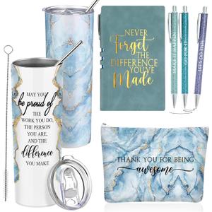 Domensi 6 Pcs Employee Appreciation Gift for Women Teacher Nurse Week Thank You Gift May You Be Proud 20 oz Rustic Marble Sign Tumbler Makeup Bag Journal for Graduation Work Business(Blue)
