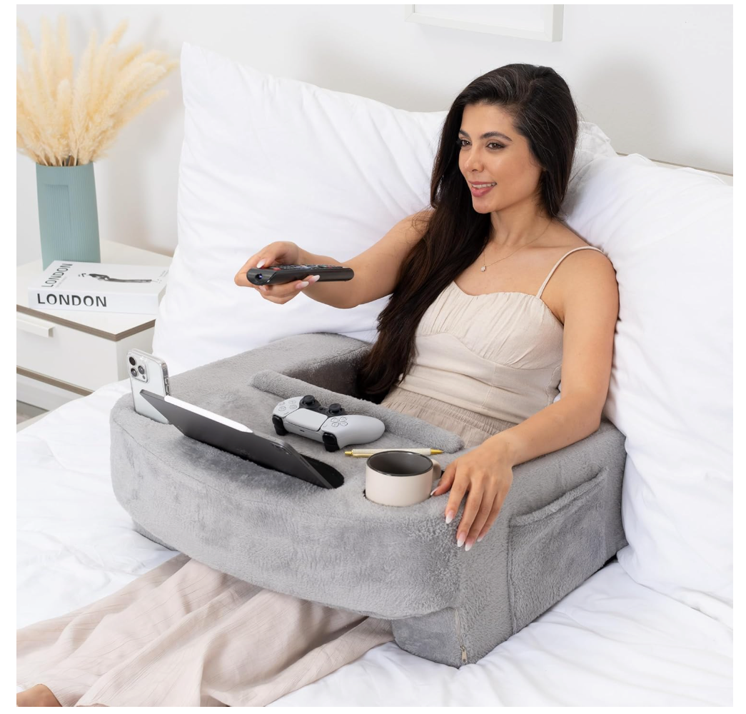 Reading Pillow for Gaming – Extra Large Lap Desk & Arm Rest with Cup & Phone Holder, Adjustable Heights, Laptop Support, Large Pockets – Comfortable for Work, Gaming & Crocheting (Furry Grey)