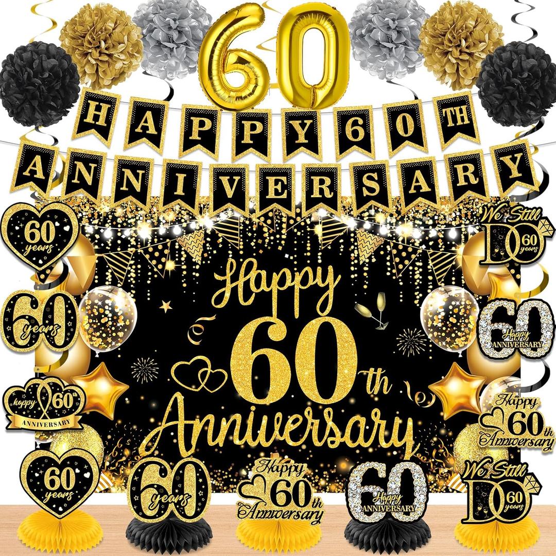 60th Wedding Anniversary Decorations Kit Black Gold Happy 60th Anniversary Banner Backdrop Honeycomb Centerpiece Hanging Swirls Poms for Men Women 60 Years Diamond Wedding Anniversaries Party Supplies
