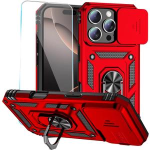 SunStory Phone Case for iPhone 16 Pro Max Case with HD Screen Protector & Slide Camera Cover & Rotated Ring Kickstand, [Military-Grade] Phone Case for iPhone 16 Pro Max 6.9", Red