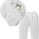 SANMIO Baby Boy Clothes Suits Infant Gentleman Outfit Collared Dress Shirt+Vest+Tie+Corsage+Pants 5Pcs Baby Suit Sets (White, S)