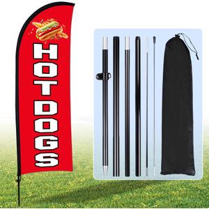 Buryeah Hot Dogs Feather Flag Kit Hot Dogs Swooper Flag with Pole Ground Stake and Portable Bag 7 ft Sign for Business Restaurant Advertising Business Banner for Outside Ground(Red)
