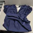 Satin V Neck Puffy Sleeves Silk Midi Dresses Empire Waist Elegant Tie Back Formal Cocktail Dress for Women Wedding Guest (Large)