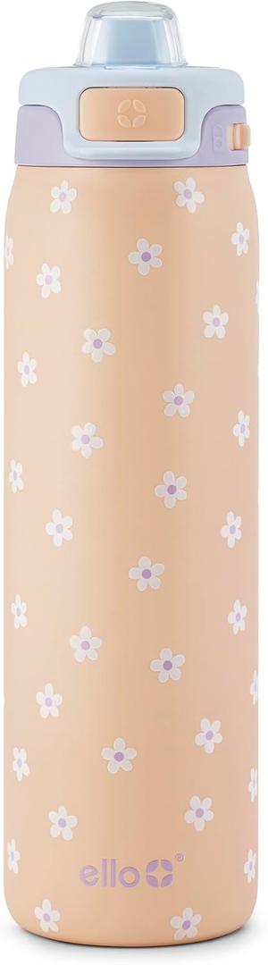 Ello Pop & Fill 22oz Stainless Steel Water Bottle with Quick Fill Technology, Double Walled and Vacuum Insulated Metal, Leak Proof Locking Lid, Sip and Chug, Reusable, BPA Free, Gloss Daisies