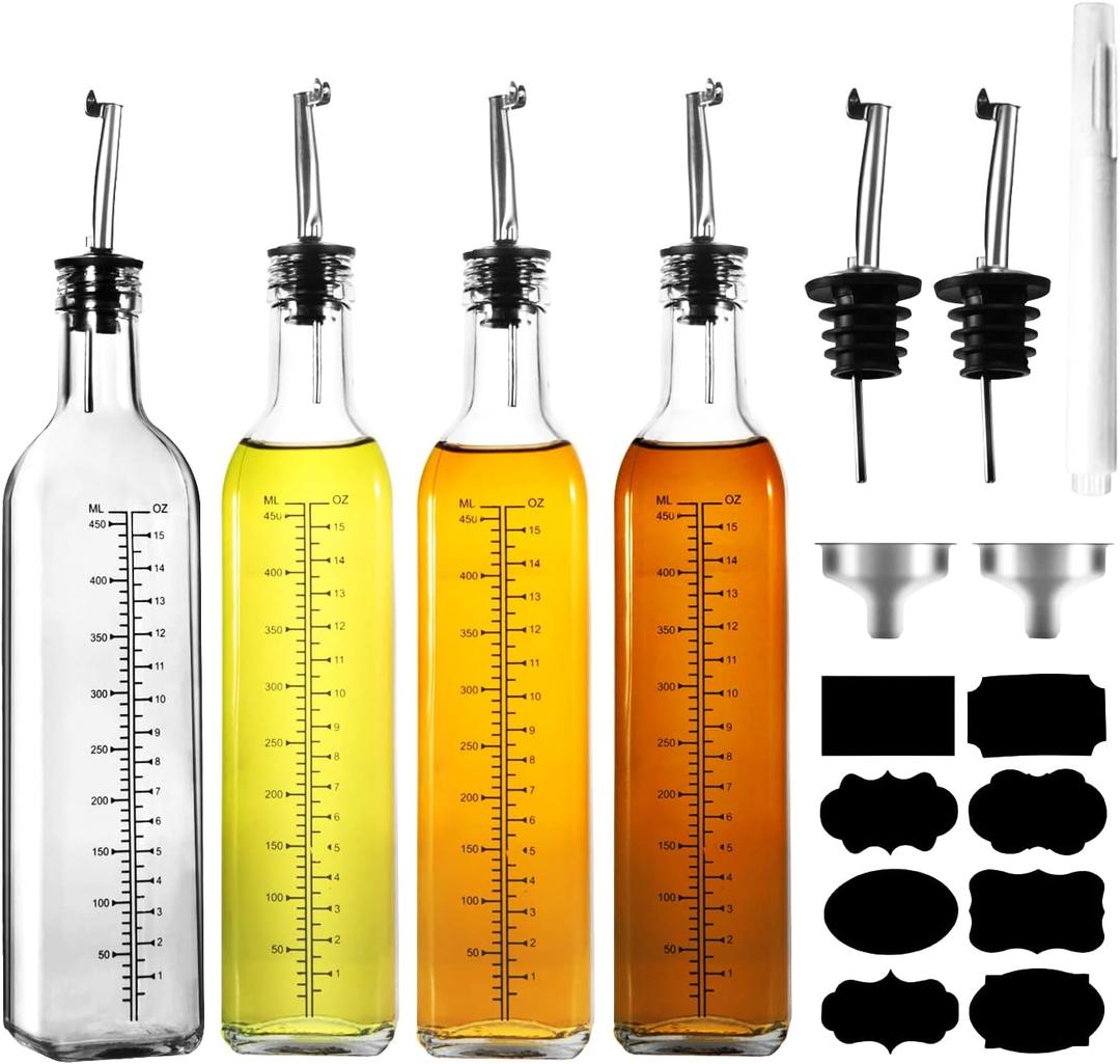 WERTIOO Olive Oil Dispenser Bottle,4Pack 17 OZ Glass Oil Dispenser for Kitchen with 4 Pourer,2 Stainless Steel Funnel & 1 Pen and 8 Label for Kitchen (500ml)