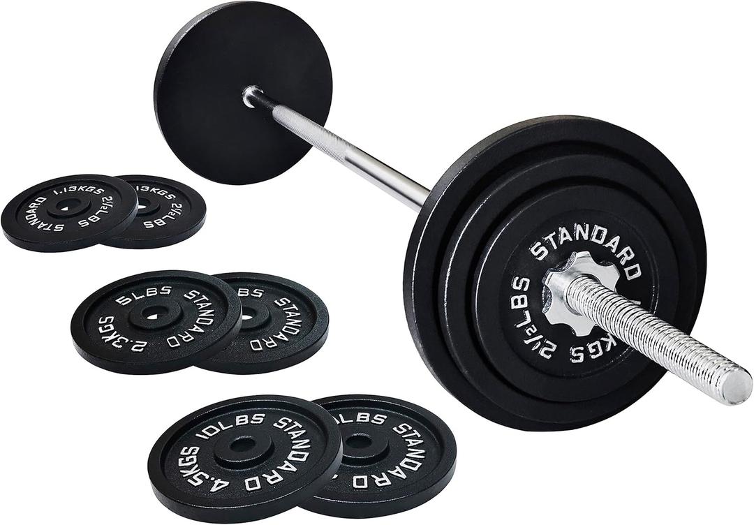 Signature Fitness Cast Iron Standard Weight Plates Including 5FT Standard Barbell with Star Locks, 45-Pound Set (35 Pounds Plates + 10 Pounds Barbell), Multiple Packages, Style #1