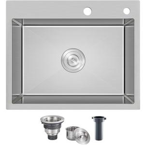 20"x16"x9" Drop in Kitchen Sink 304 Stainless Steel with 2 Holes, Wet Bar Prep Sink Single Bowl, Handmade Kitchen Sink Top Mount with Drain Assembly, Brushed