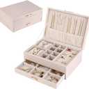 HofferRuffer Jewelry Box with Drawer for Women Girls, Faux Leather Storage Jewelry Organizer Jewelry Case with Two Layers Display for Earrings Rings Necklaces (White)