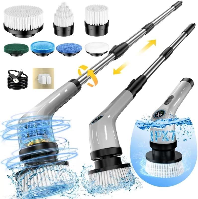 Electric Spin Scrubber, Full-Body IPX7 Waterproof Cordless Power Cleaning Brush with Adjustable Extension Handle, 2-Speed Shower Scrubber with 7 Replaceable Brush Heads for Bathroom, Kitchen, Grey (Gray)