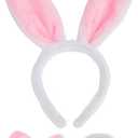 JIALWEN Easter Bunny Ears Set, 3 Piece Plush Rabbit Ears Headband Bow Tie and Tail for Halloween Cosplay Party Dress Up Accessories (White + Pink)