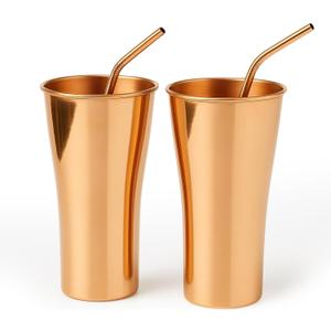 2actielife Pure Copper Tumbler Set of 2 With 2 Copper Straws Handcrafted from 100% Pure Cups. Ideal for Home, Office & Gifting and Parties Capicity 10 oz (300 ml)