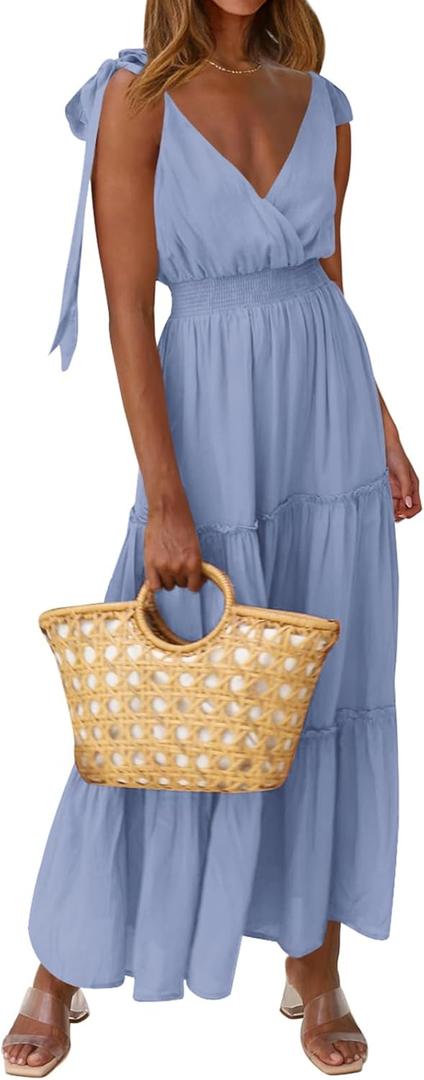 PRETTYGARDEN Women's Cross Neck Spring Sleeveless Tiered Maxi Dress Beach Tie Strap Smocked Long Dresses Pleated Sundress (Medium, Grey Blue)