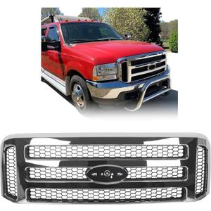 ECOTRIC Front Grille Compatible with Ford 1999-2004 F250 F350 Super Duty 2000-2004 Excursion New Grille Chrome Mesh Style (Silvery)