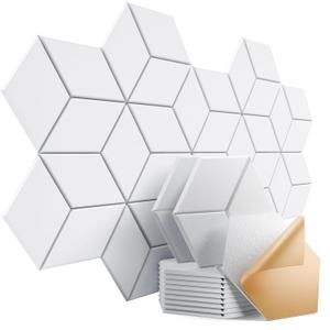 12 Pack Self-adhesive Acoustic Panels 12" X 10" X 0.4" - Sound Proof Foam Panels with High Density, Stylish Y-Lined Design, Flame Resistant, Absorb Noise and Eliminate Echoes(White)