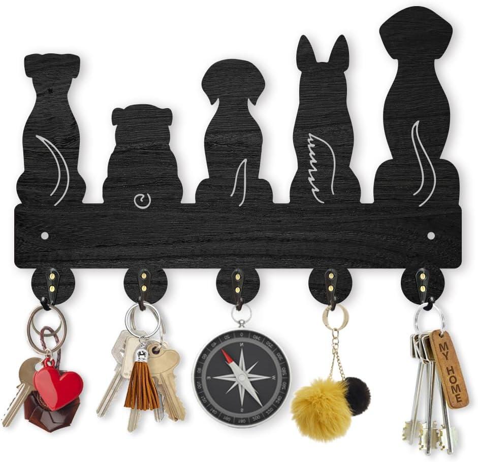 MAYJOYDIY Dog Coat Rack Wall Mount 11.87.9inch 5 Style Key Holder for Wall Decorative Wood Black Key Rack Hanger Organizer 5 Alloy Hooks for Leash Wall Art Decor Dog Lover Gift