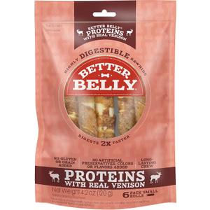 Better Belly Proteins with Real Venison Small Rolls 6 Count, Digestible Rawhide for Dogs, 4.2 OZ
