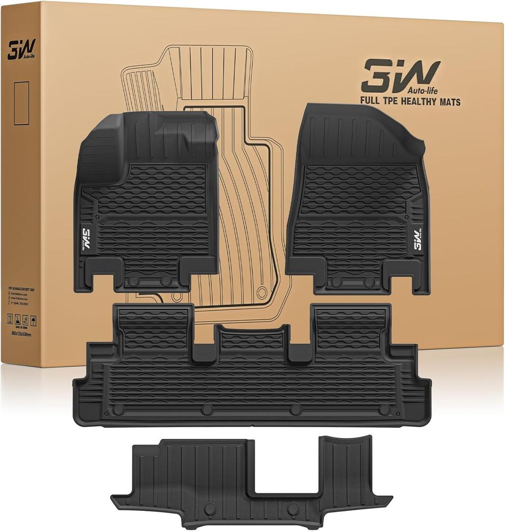3W Floor Mats for Nissan Pathfinder 2026 2025 2024-2022 (Only fit 8 Passenger Models), 3 Rows,TPE All Weather Protection Car Floor Liners Accessory,Black
