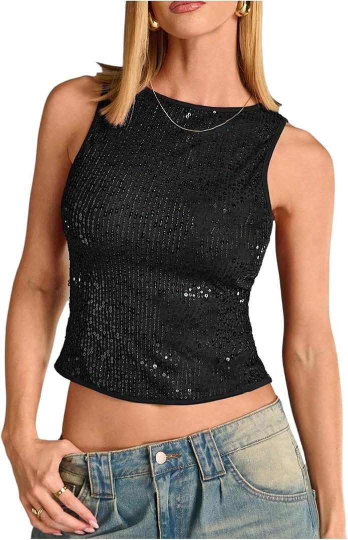 WDIRARA Women's Sequin Sparkly Tank Top Sleeveless Fitted Going Out Crop Tops,Large, Black