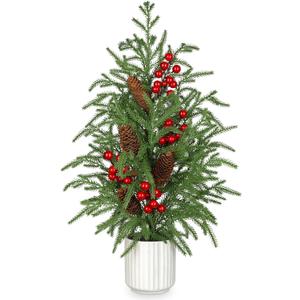 2 FT Artificial Norfolk Pine Tree, 24 inch Small Tabletop Christmas Tree Potted Christmas Trees Faux Pine Trees in Ceramic Pot Xmas Centerpiece Table Decorations for Indoor Outdoor Porch Dinner Table