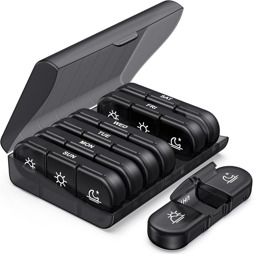 PULIV Weekly Pill Organizer 3 Times a Day, Portable Travel Pill Box 7 Day with Large Pill Containers, Light-Proof Pill Case for Vitamins, Medication, Supplements and Fish Oils (Black)
