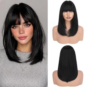 Haloo Black Bob Wigs with Bangs Shoulder Length Straight Natural Looking Synthetic Heat Resistant Medium Hair Wigs for Women Daily Party, 16 Inch