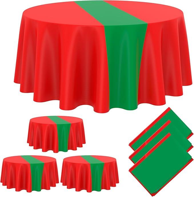 Oudain 6 Pcs Round Plastic Disposable Tablecloth 84 Inch Stain and Wrinkle Resistant Table Cover Tablecloths for Graduation Birthday Party Wedding Baby Shower Decoration(Green, Red)