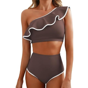 Herseas Women's One Shoulder Bikini Sets Color Block Trim Ruffle Hem Swimsuits Elegant Bathing Suits, Small