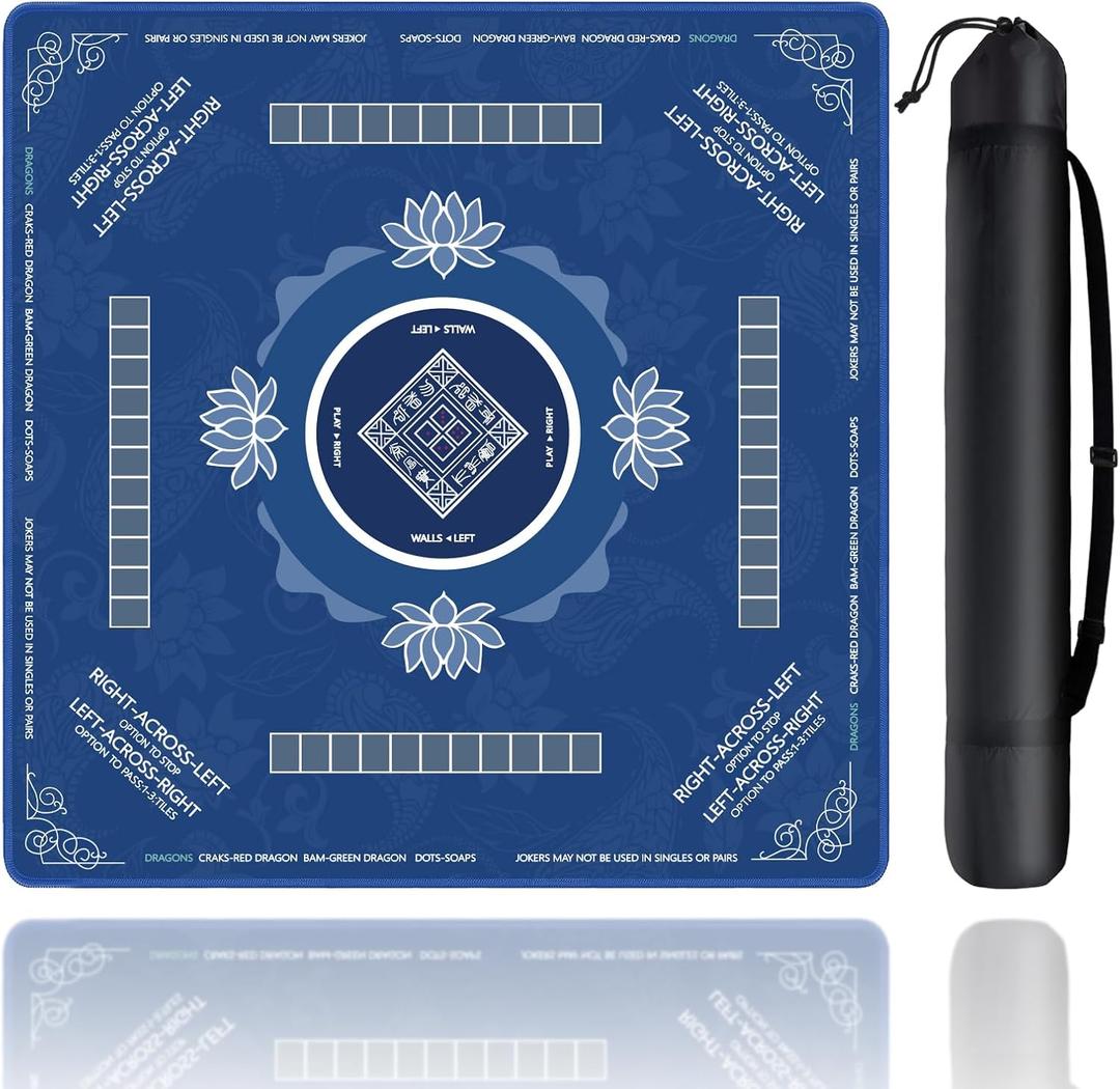 Mahjong Mat, Mahjong Mat for Table with Bag, 31.5" x 31.5" Rubber Anti Slip and Noise Reduction Board Gaming Mat for Mah Jongg, Poker, Board Tile Games, Dominoes (Deep-blue)