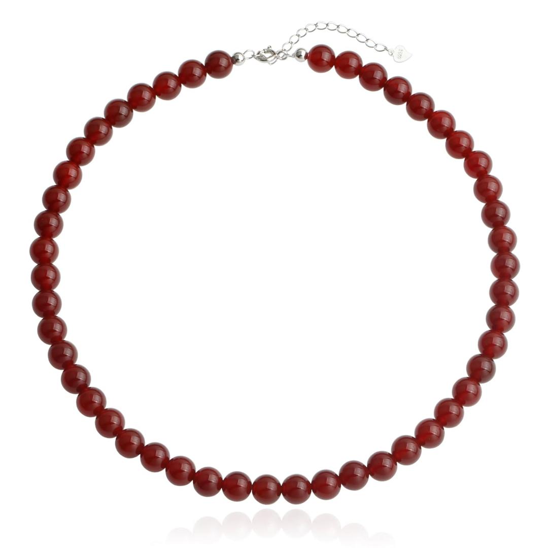 Natural Red Agate Choker Necklace Sterling Silver 8MM Round Beads Strand Necklace for Women (8 MM //45+5 CM)